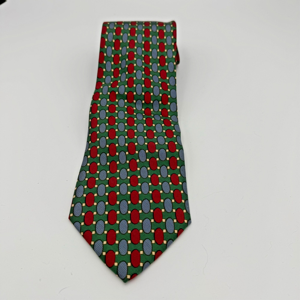 Burberry London 100% Silk Neck Tie Men 55" Green Red Blue Oval Geometric Preppy